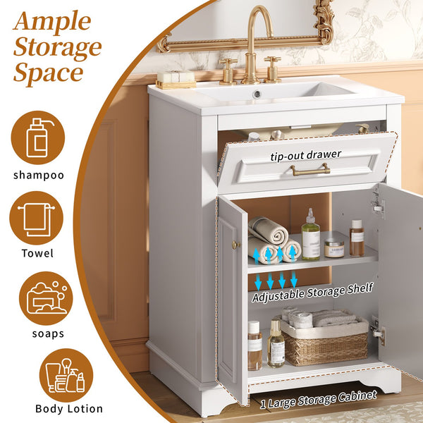 English Elm 24" Matte Single Sink Vanity Solid Poplar Frame Gold Hardware Soft Close Cabinet White N710P389449K