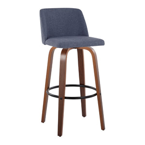 English Elm Toriano 30" Mid-Century Modern Barstool Set Of 2 - Stylish Blue Fabric, Walnut Wood, And Metal Footrest B202S00662-GIGA