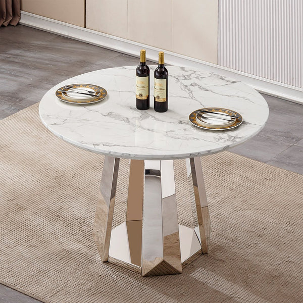 English Elm 47" Round Marble Dining Table - Modern High-Gloss Faux Marble Top With Stainless Steel Base For Style W3456S00007