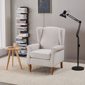 English Elm Coffee Table & Armchair Set with Vintage Roman Column Legs, Breathable Fabric, Solid Rubberwood Craftsmanship Beige W2989P339991