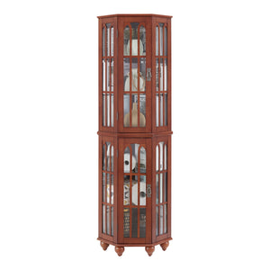 English Elm Corner Curio Cabinet with 6 Shelves, Tempered Glass Display, Built-In Lighting, Mirrored Back Walnut W1693P216949
