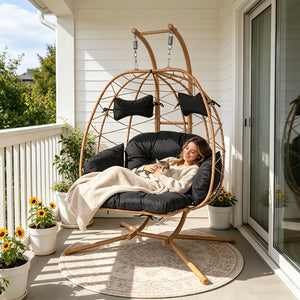 English Elm 2 Person Wicker Hanging Egg Chair with Stand Padded Swing for Patio or Garden T5880P500214