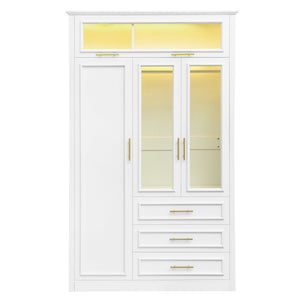 English Elm 3 Door Wardrobe Armoire Closet with LED Lighting, 4-Door Style, 3 Drawers, White Gold Accents, Spacious Storage N7090001843K