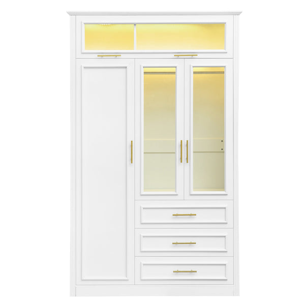 English Elm 3 Door Wardrobe Armoire Closet with LED Lighting, 4-Door Style, 3 Drawers, White Gold Accents, Spacious Storage N7090001843K