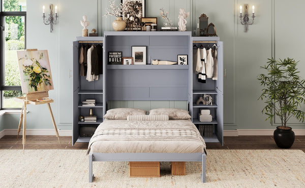English Elm Full Full Size Murphy Bed with Two Wardrobes and Foldable Platform, Space-Saving Modern Guest Solution Gray 84.9 L x 12 W x 7 H N733S235596E