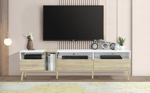 English Elm Modern TV Stand with 3 Drawers & 4 Open Shelves, 80" Media Console White+Wood, Cable Management, P2 Board N710P234108K
