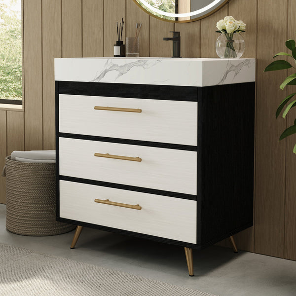 English Elm Modern Freestanding Bathroom Vanity with Sintered Stone Top and Gold Steel Legs W3136S00049