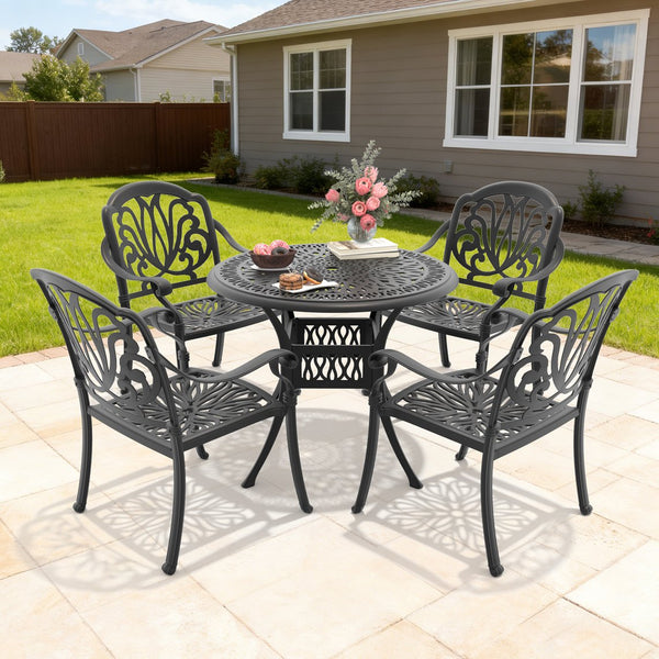 English Elm 5-piece Cast Aluminum Outdoor Dining Set with Floral Carved Chairs and Weather Resistant Cushions W1710S00544