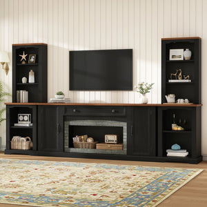 English Elm 3-piece Farmhouse Entertainment Center with Curved Cabinets Walnut Mdf Modular Living Room Black N721S000068B