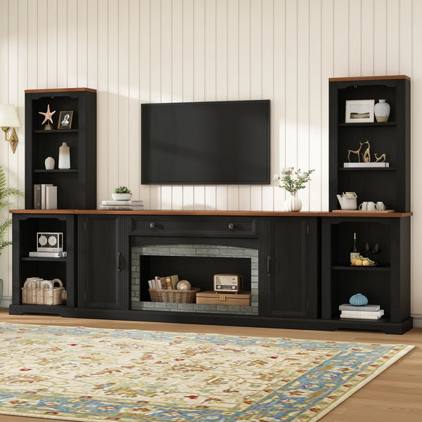 English Elm 3-piece Farmhouse Entertainment Center with Curved Cabinets Walnut Mdf Modular Living Room Black N721S000068B