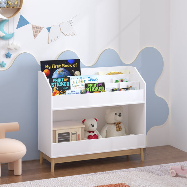 English Elm Toddler White Book Display Shelf with 3-Tier Face-Out Display and Large Bottom Bin, Modern MDF Organizer W808P350170