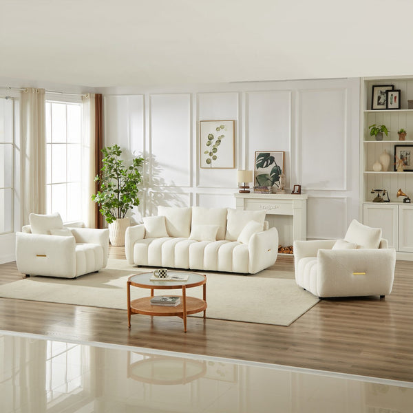 English Elm 3 Piece Teddy Fleece Sofa Set with Two Armchairs Cozy Apartment Living Room Seating Beige W1193S00181