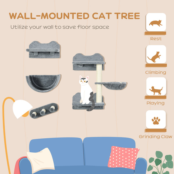 English Elm Pawhut Wall Mounted Cat Climbing Set with Hammock Perches Scratching Post and Plush Nest W2225P229506