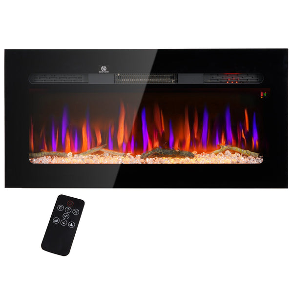 English Elm HOMCOM 36" Electric Fireplace Heater with Remote, 1500W Wall/Recessed Mount, Realistic Flames Black W2225P249833