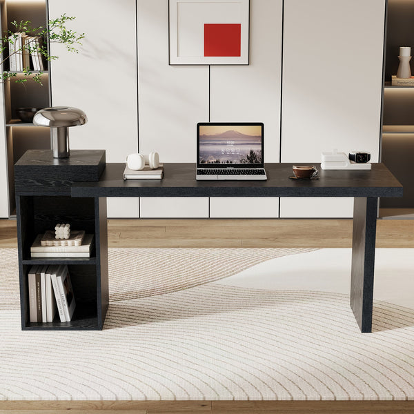 English Elm Modern Wood Grain Console Table with Two Tier Shelving for Entryway or Living Room Black W3875S00030
