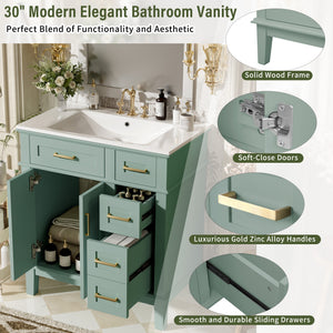 English Elm 30" Freestanding Bathroom Vanity Ceramic Sink Soft Close Cabinet Gray Wood Frame Light Green N729P427118F