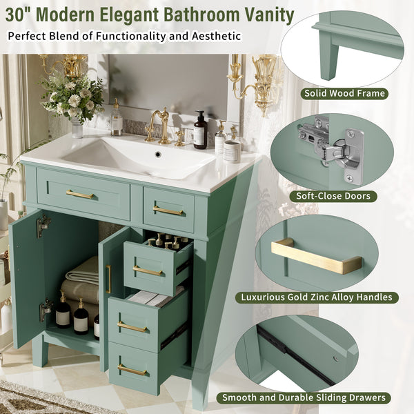 English Elm 30" Freestanding Bathroom Vanity Ceramic Sink Soft Close Cabinet Gray Wood Frame Light Green N729P427118F
