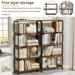 English Elm 5-Tier Industrial Bookshelf Rustic Brown Metal Frame Open Shelves 450lb Capacity Anti-Tip Design W2699P223204