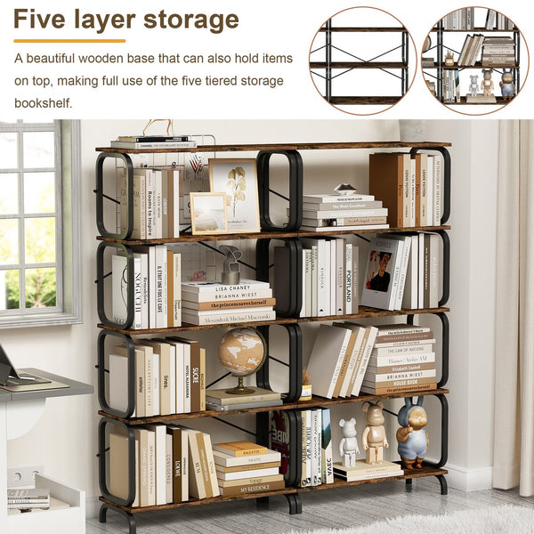 English Elm 5-Tier Industrial Bookshelf Rustic Brown Metal Frame Open Shelves 450lb Capacity Anti-Tip Design W2699P223204