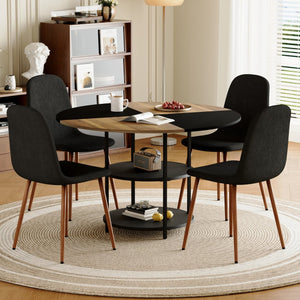English Elm Table and Chair Set 47 Inch Round Mdf Spliced Top with Dual Tier Storage 4 Seats Black,Dark Walnut,Wood W1151S03335