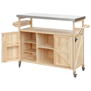 English Elm K&K Outdoor Kitchen Island Rolling Bar Cart with 1.2" Stainless Steel Top, Ample Storage, Wheels and Spice Rack Natural WF532198AAY