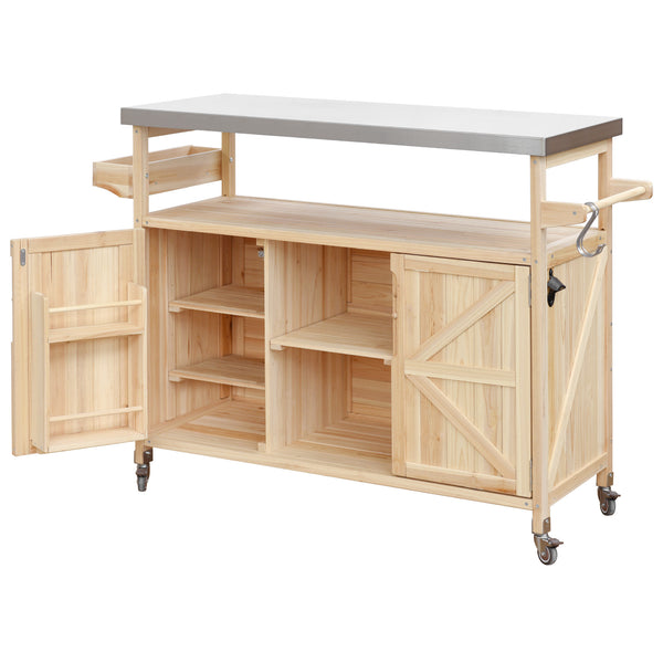 English Elm K&K Outdoor Kitchen Island Rolling Bar Cart with 1.2" Stainless Steel Top, Ample Storage, Wheels and Spice Rack Natural WF532198AAY