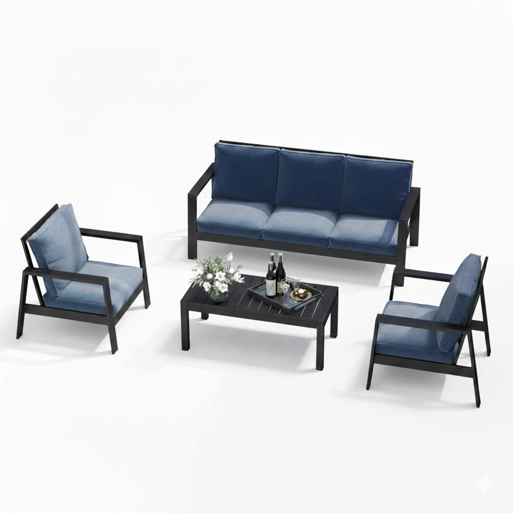 English Elm 4-piece Outdoor Conversation Set with Powder-coated Aluminum Frame and Plush Deep Cushions Black+Blue B082S00101