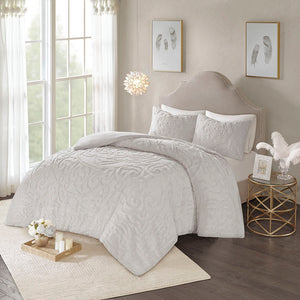 JLA Home Madison Park - 3-Piece Tufted Cotton Chenille Medallion Duvet Cover Set with Button Closure & Corner Ties, OEKO-TEX Certified Grey MP12-5982