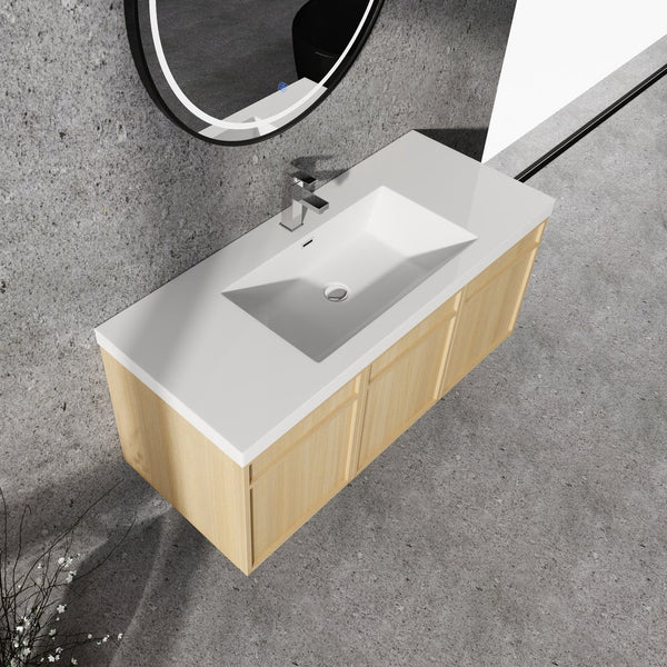 English Elm 48" 54.3" Wall-Mounted Bathroom Vanity with Resin Sink, Original Oak Finish, 3 Soft-Closing Doors, Plywood Construction W1972P315216