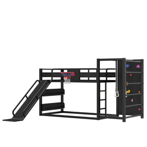 English Elm Twin Metal Loft Bed with Slide Basketball Hoop Climbing Wall and Built-in Shelves Black W1580S00342