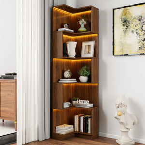 English Elm Corner 5-Tier Book Shelf with LED Accent Lighting, Space-Saving L-Shaped Corner Bookcase for Home Walnut W331P293305