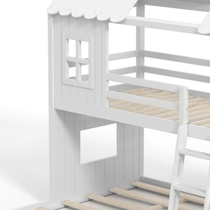 English Elm Twin Over Full Playhouse Bunk Bed with Slide Ladder Storage Shelves and Wardrobe Light White W5305S00039