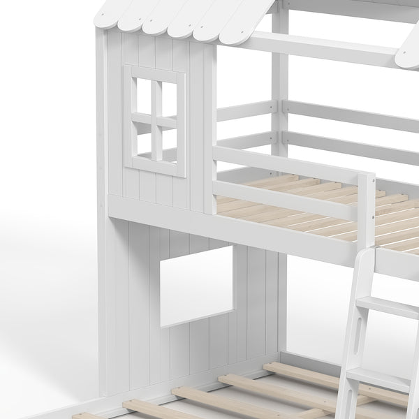 English Elm Twin Over Full Playhouse Bunk Bed with Slide Ladder Storage Shelves and Wardrobe Light White W5305S00039