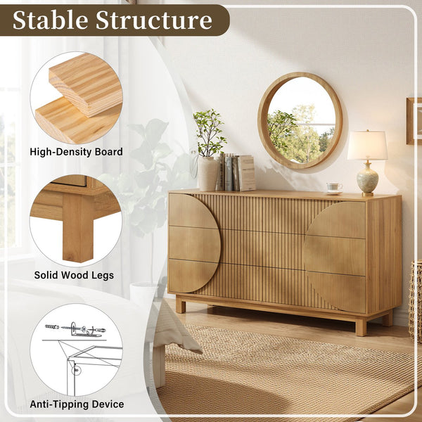 English Elm Modern Fluted 6 Drawer Dresser with Solid Wood Legs Japandi Chest for Bedroom Brown N739S0000015N
