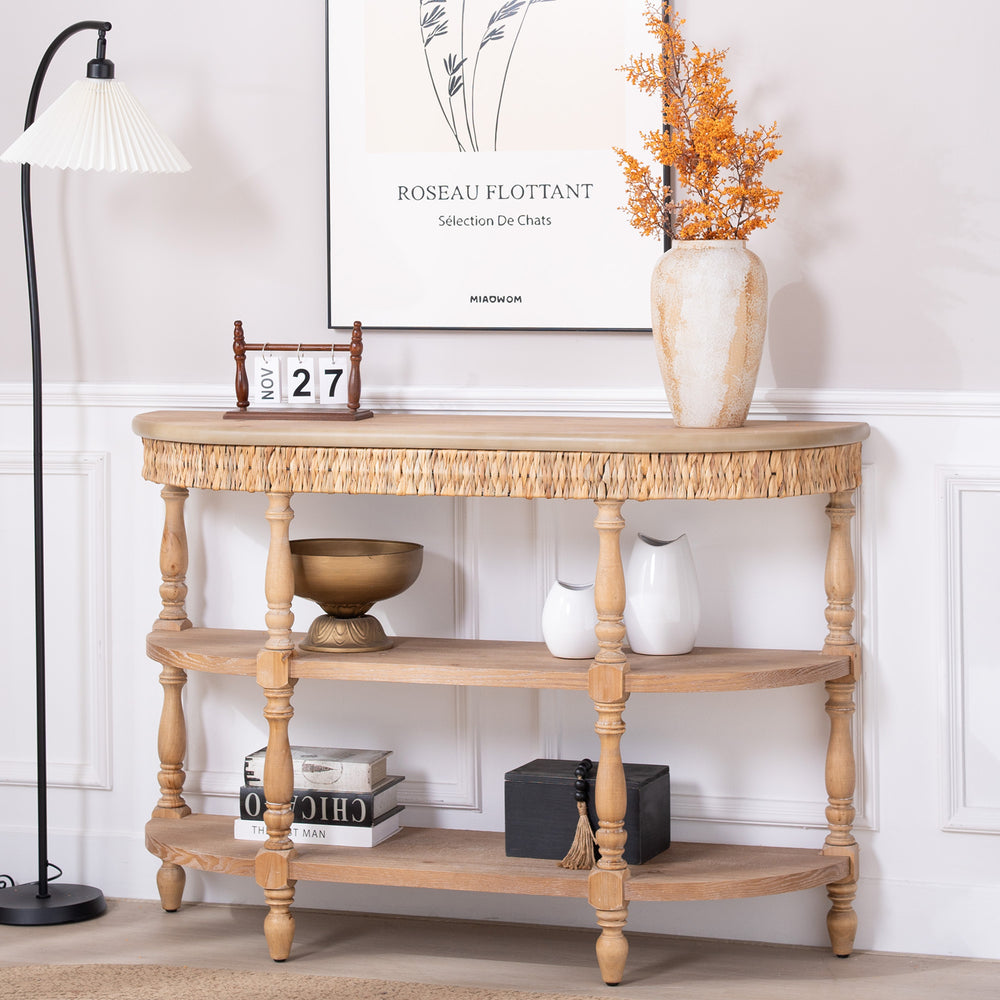 English Elm Handcrafted Oval Console Table Woven Corn Husk Trim Spindle Legs Three Tier Entryway W2729P298160