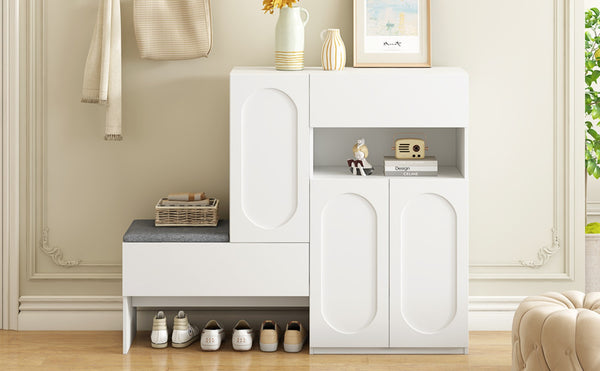 English Elm On-Trend 2-In-1 Shoe Cabinet With Soft Cushion & Arched Doors – Modern Storage Bench For Entryway, White N721P245716K-GIGA