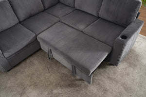 English Elm Sectional Corduroy Sleeper Sofa with Storage and Charging Ports for Small Spaces Grey W1361S00077