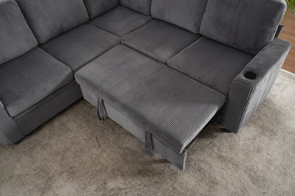 English Elm Sectional Corduroy Sleeper Sofa with Storage and Charging Ports for Small Spaces Grey W1361S00077