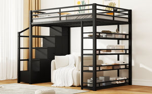 English Elm Queen Metal Loft Bed with Wardrobe Shelves and Staircase Storage in Matte Black N7090004203B
