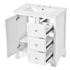 English Elm 30-inch bathroom vanity mirror cabinet set with ceramic sink, solid wood build, 3 drawers & shelves White SV000028AAK
