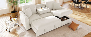 English Elm U_style Modular Sectional Sleeper Sofa with Storage Chaise and Cup Holders for Living Room Beige WY000467AAA