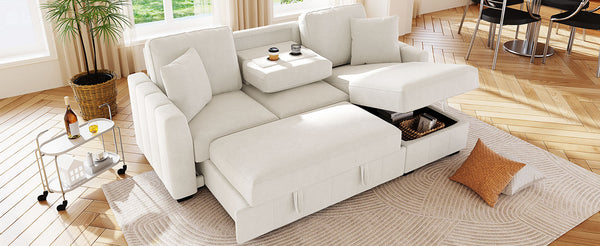 English Elm U_style Modular Sectional Sleeper Sofa with Storage Chaise and Cup Holders for Living Room Beige WY000467AAA