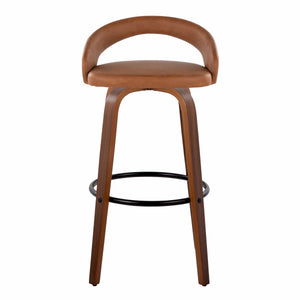 English Elm Fixed-height Swivel Barstools Walnut Bentwood Camel Faux Leather Kitchen Set of 2 B202S01857