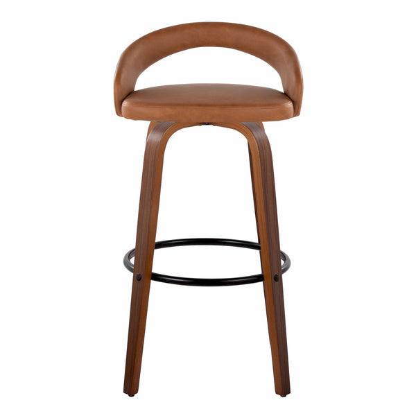 English Elm Fixed-height Swivel Barstools Walnut Bentwood Camel Faux Leather Kitchen Set of 2 B202S01857