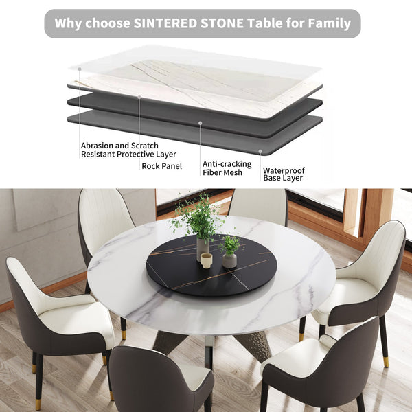 English Elm 59.05" Round Marble Dining Table With Silver Base, Lazy Susan, Seats 6-8, Modern Two-Tone Design W1535S00395