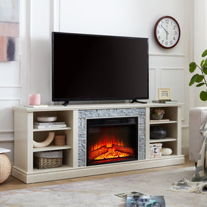 English Elm Large White Fireplace Tv Stand with Faux Stone Surround and Adjustable Media Storage W2275S00035