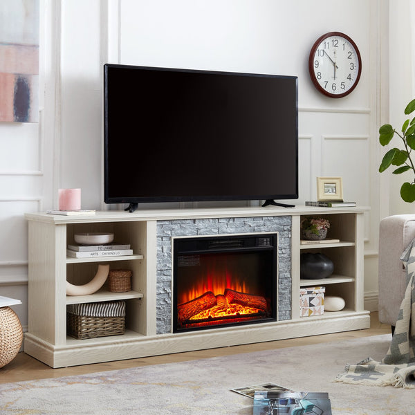 English Elm Large White Fireplace Tv Stand with Faux Stone Surround and Adjustable Media Storage W2275S00035