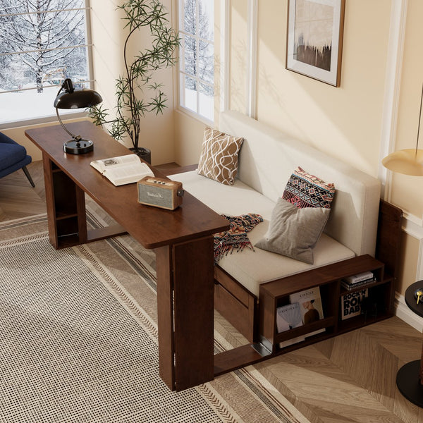 English Elm Queen Daybed with Hydraulic Desk Storage Drawers and Convertible Sofa for Small Spaces Espresso LT000272AAP