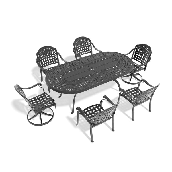 English Elm 7-piece Cast Aluminum Outdoor Dining Set with Ornate Relief Carved Chairs and Oval Table W1710S00599