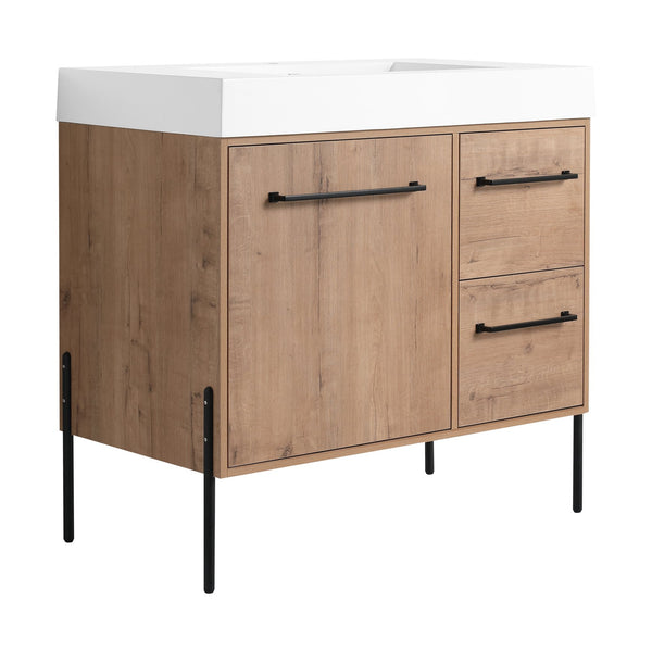 English Elm 36" Freestanding Bathroom Vanity Plywood Base Resin Sink Soft Close Storage W999S00526